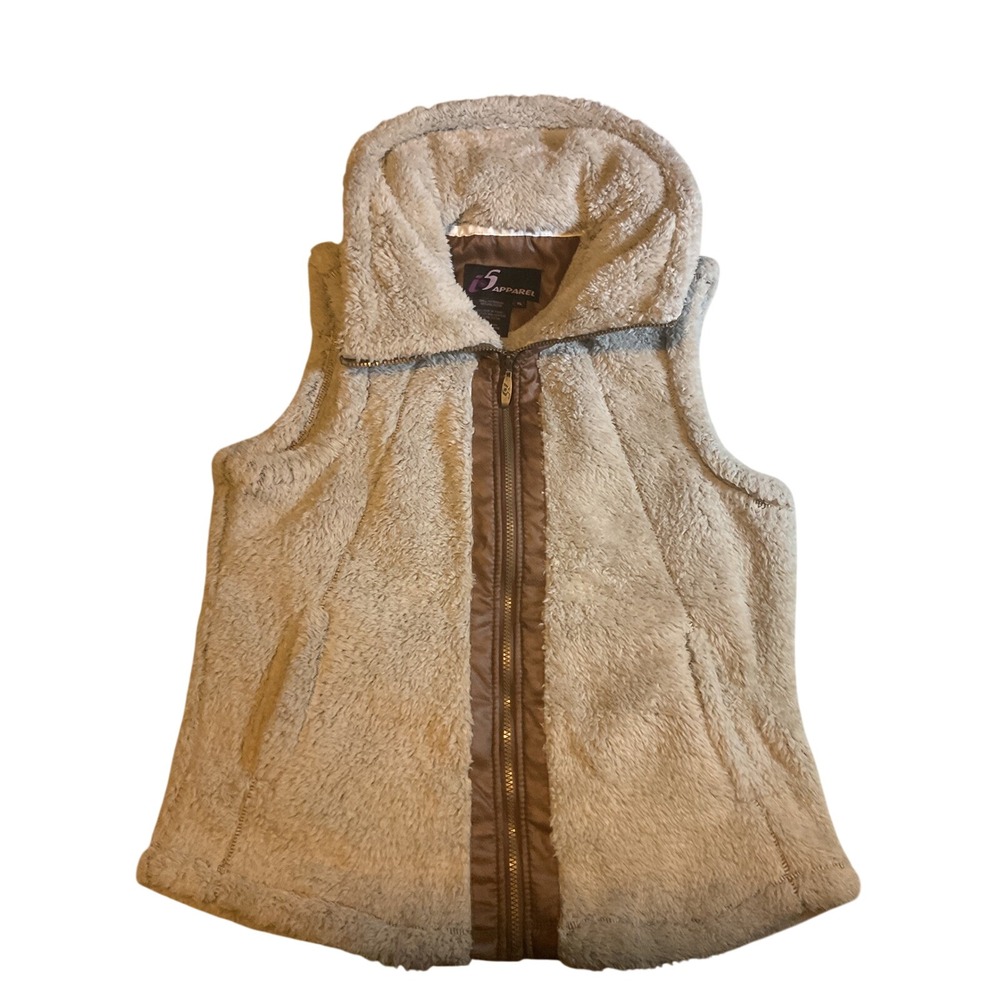 i5 Apparel Fuzzy Fleece Vest XL Beige Brown Zip Up Hooded‎ Pockets Cozy Layer